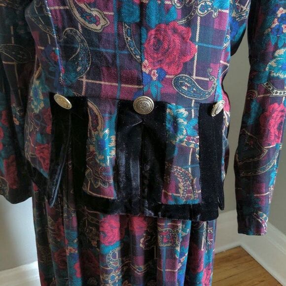 Vintage 90s Melissa Harper MHM Midi Dress Rose Paisley Velvet Peplum Size 8 - Picture 5 of 9
